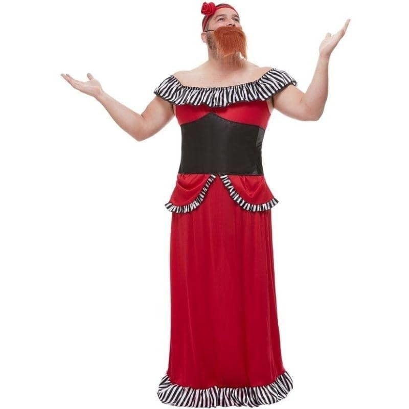 Bearded Lady Costume Adult Red Corset Dress Headband and Beard 1