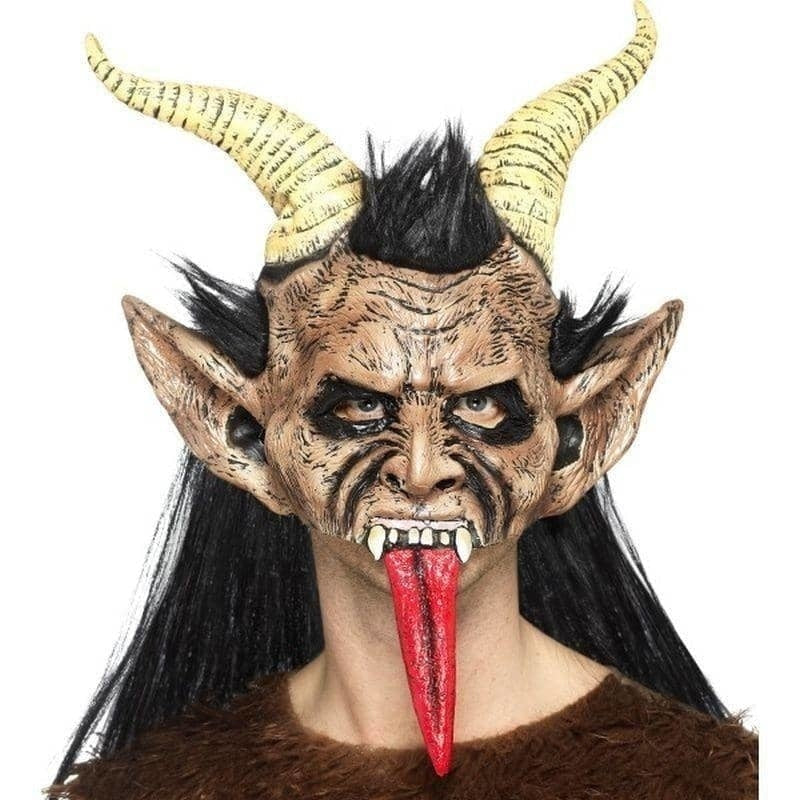 Beast Krampus Demon Mask Brown Latex Overhead with Hair and Horns 2