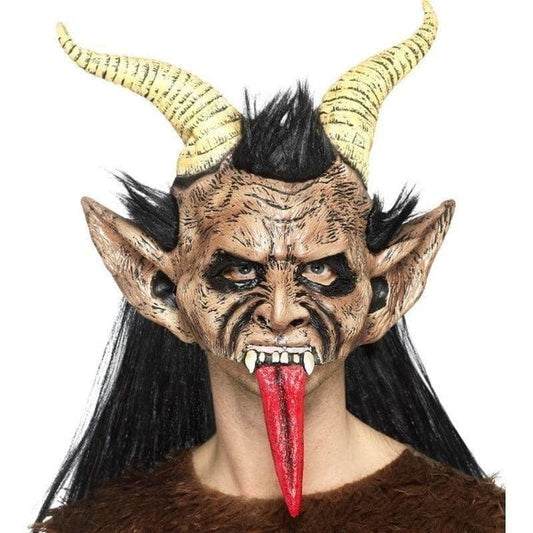 Beast Krampus Demon Mask Brown Latex Overhead with Hair and Horns 2