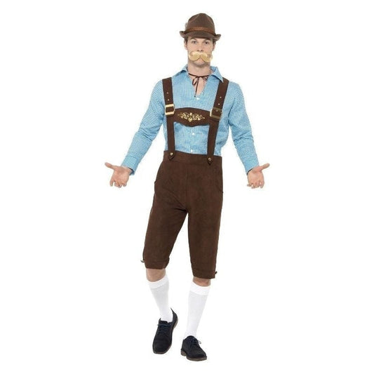 Beer Fest Costume Blue Shirt and Brown Mock Suede Lederhosen 1