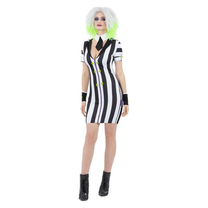 Beetlejuice Ladies Costume Striped Dress Mock Tie and Cuffs 1
