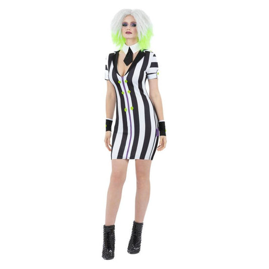 Beetlejuice Ladies Costume Striped Dress Mock Tie and Cuffs 1