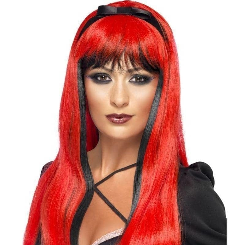 Bewitching Wig Adult Red Black Long with Fringe and Bow 2