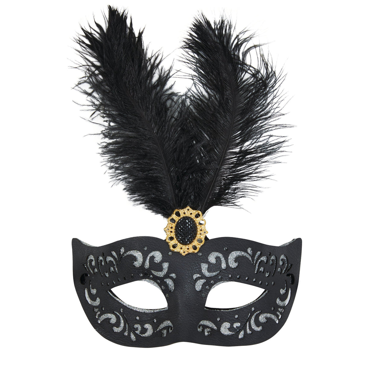 Black Eyemask With Tall Feather + Stone 1