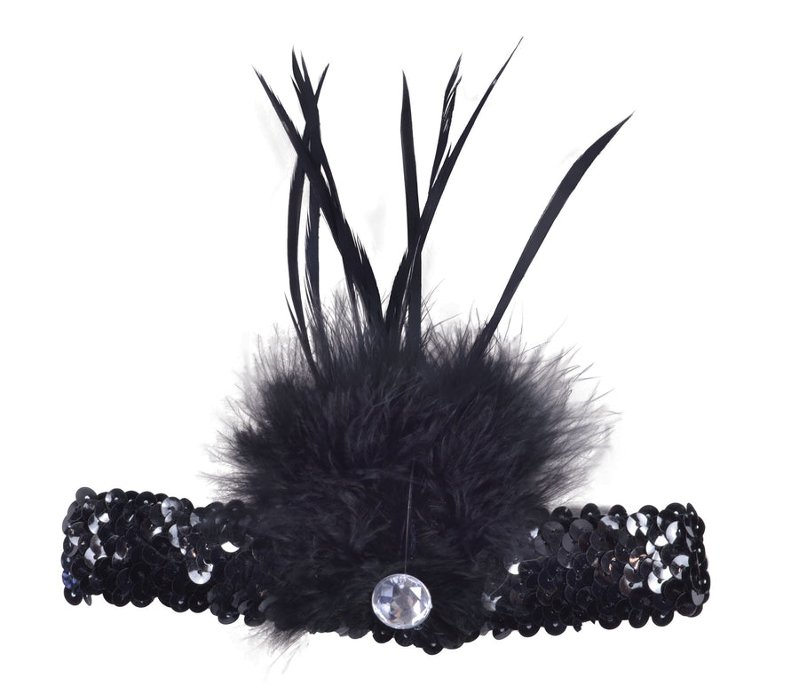 Black Flapper Headband Sequin With Feather_1