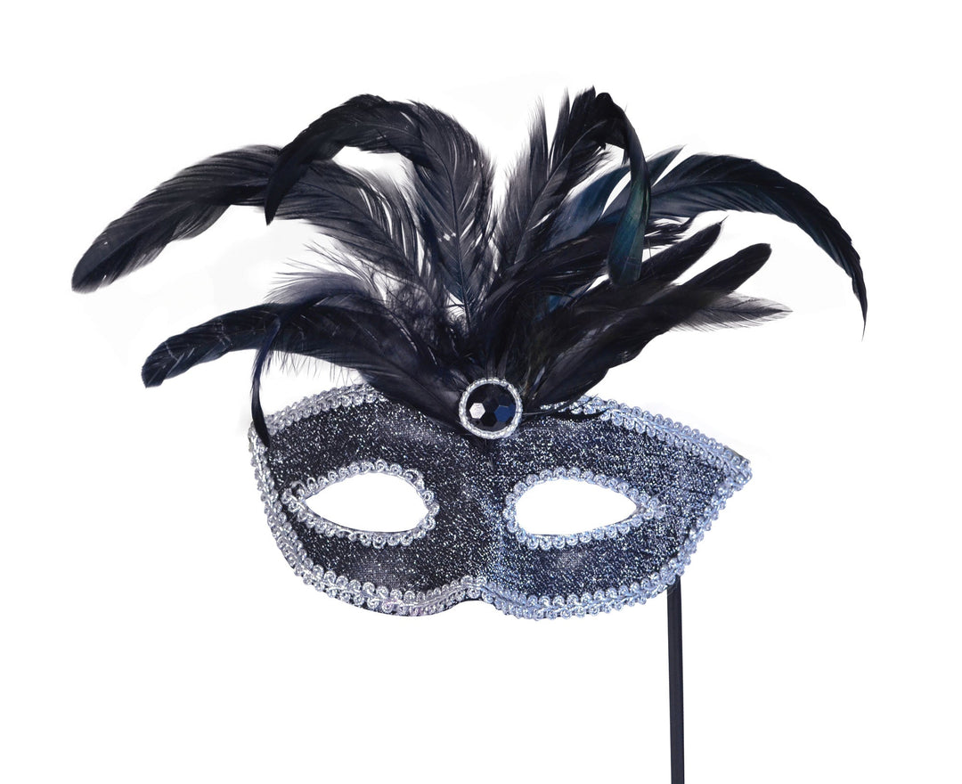 Black Mask Silver Trim + Feathers On Stick Eye Masks Unisex_1