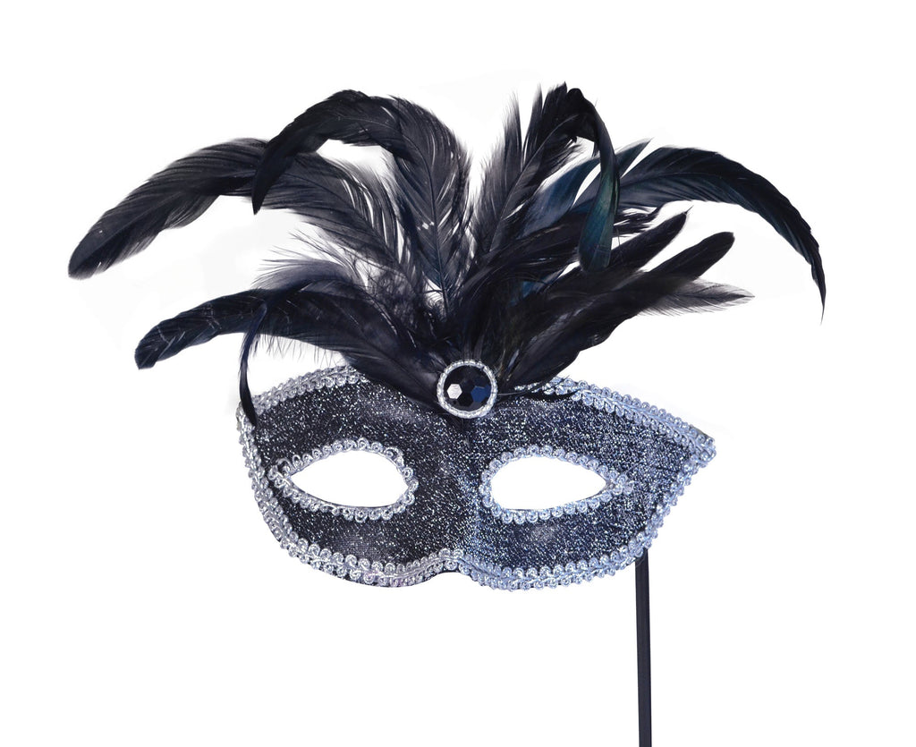 Black Mask Silver Trim + Feathers On Stick Eye Masks Unisex