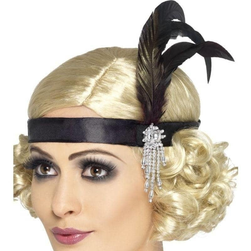 Black Satin Charleston Headband with Black Feather and Silver Jewel Detail 2