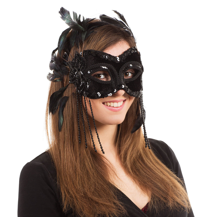 Black Velvet Mask with Feathers Masquerade_1
