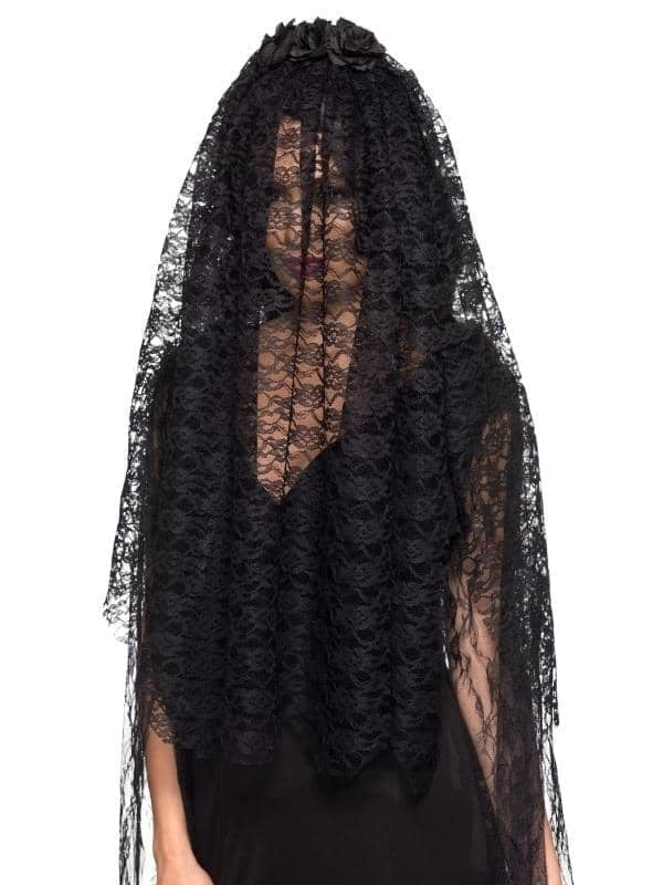 Black Widow Veil Adult Black With Flowers_1