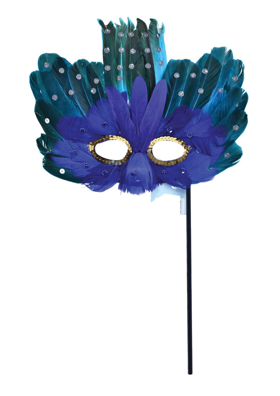 Blue Green Feather Eye Mask Stick Masks Unisex_1