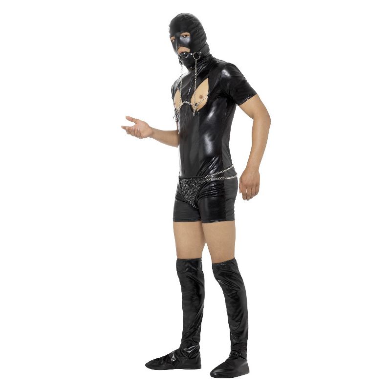 Bondage Gimp Bodysuit Costume Adult Black Hood Bootcovers Thong Gag Nipple Clamps 3