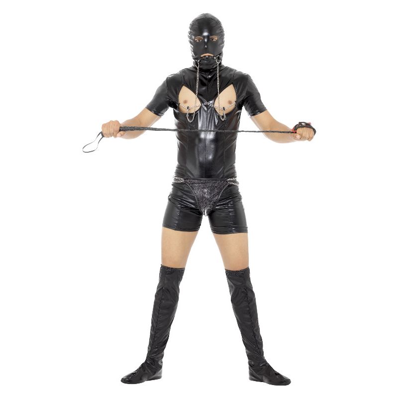 Bondage Gimp Bodysuit Costume Adult Black Hood Bootcovers Thong Gag Nipple Clamps 1