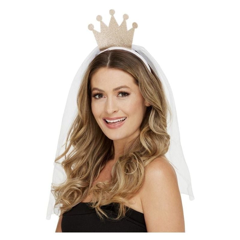Bride To Be Headband Gold Crown and White Veil 1