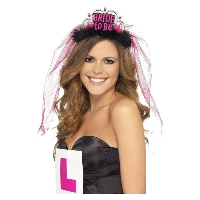 Bride To Be Tiara with Veil Black with Pink Lettering Hen Night Crown 1