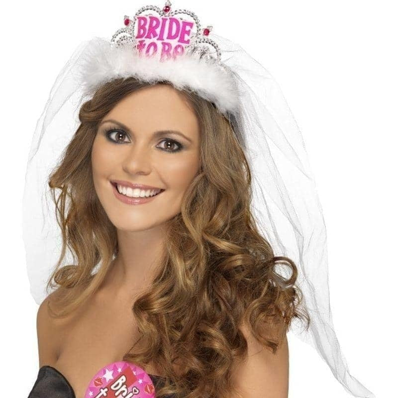 Bride To Be Tiara White Veil with Pink Bride To Be Lettering