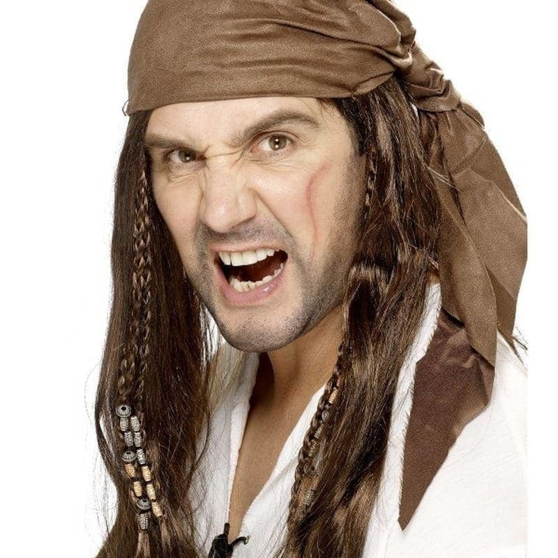 Buccaneer Pirate Wig Adult Straight Brown Hair with Braids and Bandana 1