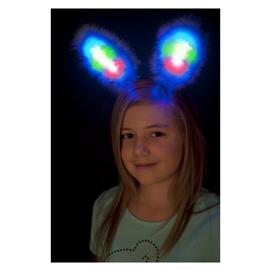 LED Light Up Fluffy Bunny Ears Blue Marabou with Multi Colour LED 1