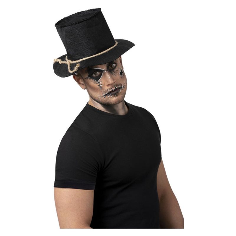 Burlap Scarecrow Top Hat Black with Rope Adult Horror Costume Accessory 1
