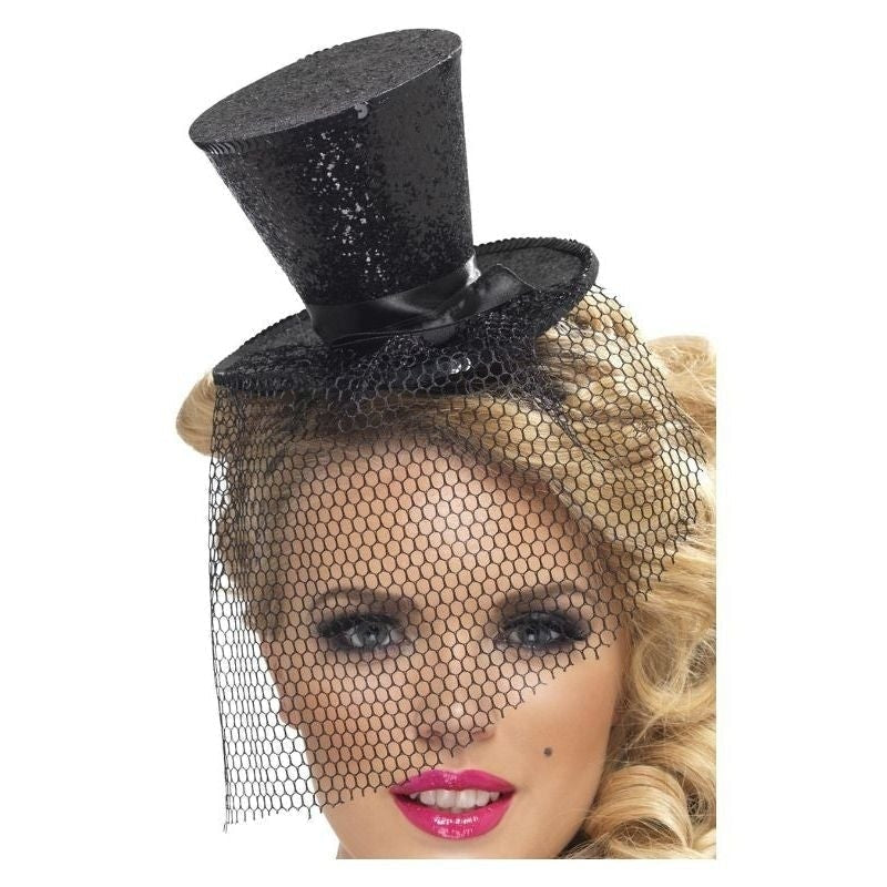 Size Chart Burlesque Black Glitter Mini Top Hat With Veil