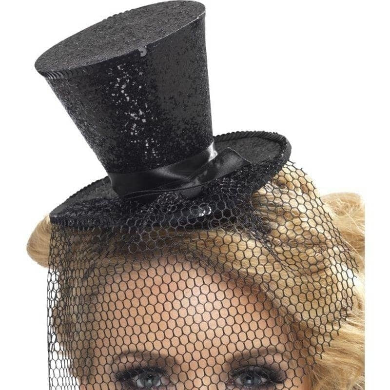 Burlesque Black Glitter Mini Top Hat With Veil_1