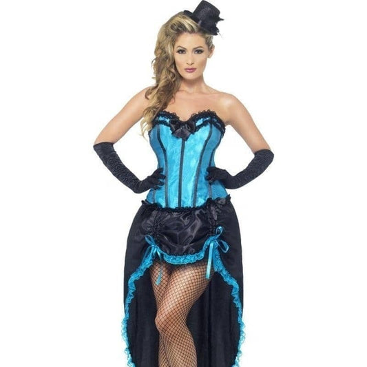 Burlesque Dancer Costume Adult Blue Corset Black Dress 1