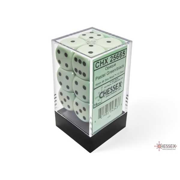 Opaque 16mm d6 Pastel Green/black Dice Block (12 dice) 1