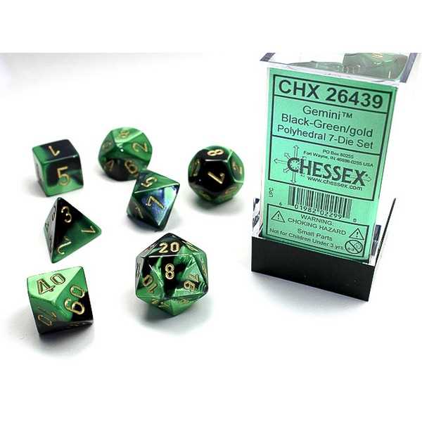 Polyhedral Dice: Gemini - Black-Green with Gold (7) 1