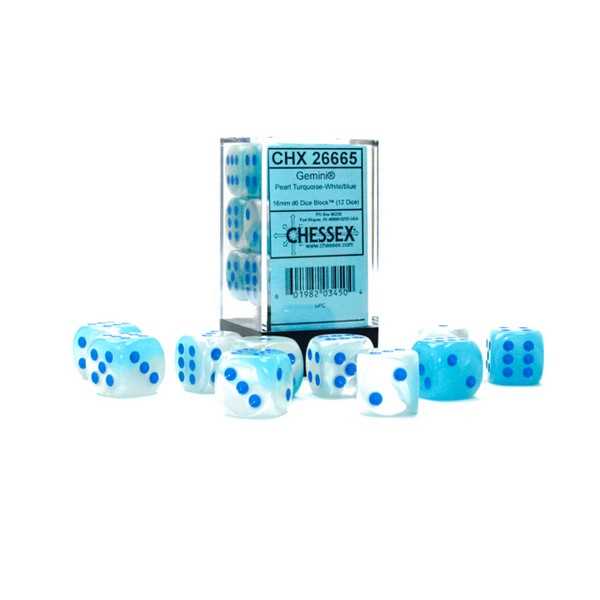 Gemini 16mm d6 Pearl Turquoise-White/blue Luminary Dice Block (12 dice) 1
