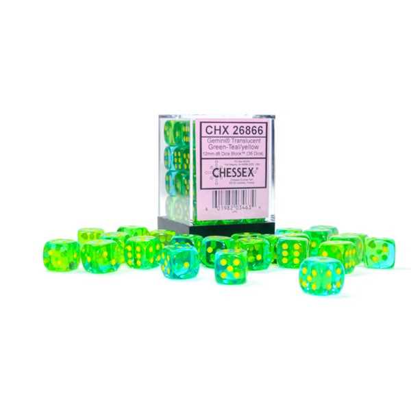 Gemini 12mm d6 Translucent Green-Teal/yellow Dice Block (36 dice) 1