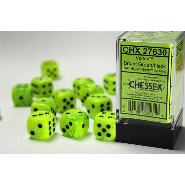 16mm d6 Dice Block: Vortex Bright Green with Black 1