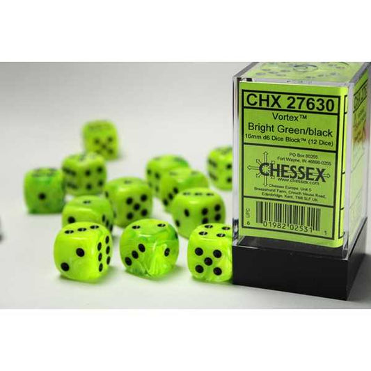 16mm d6 Dice Block: Vortex Bright Green with Black 1