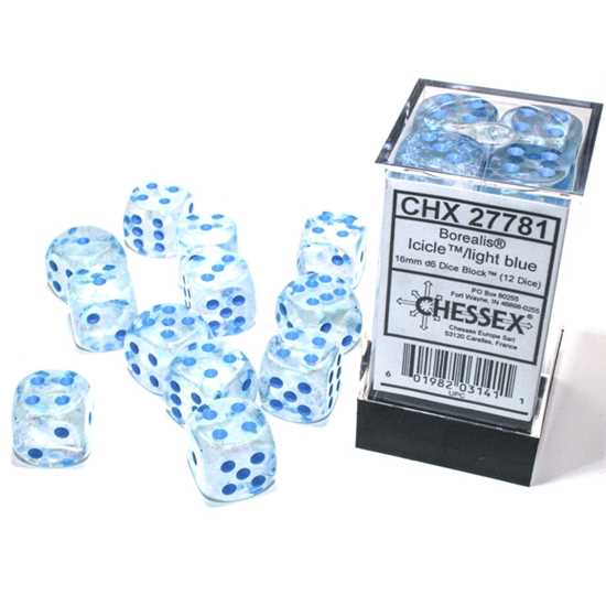 Borealis 16mm d6 Luminary Dice Block: Icicle/light blue (12 Dice 1