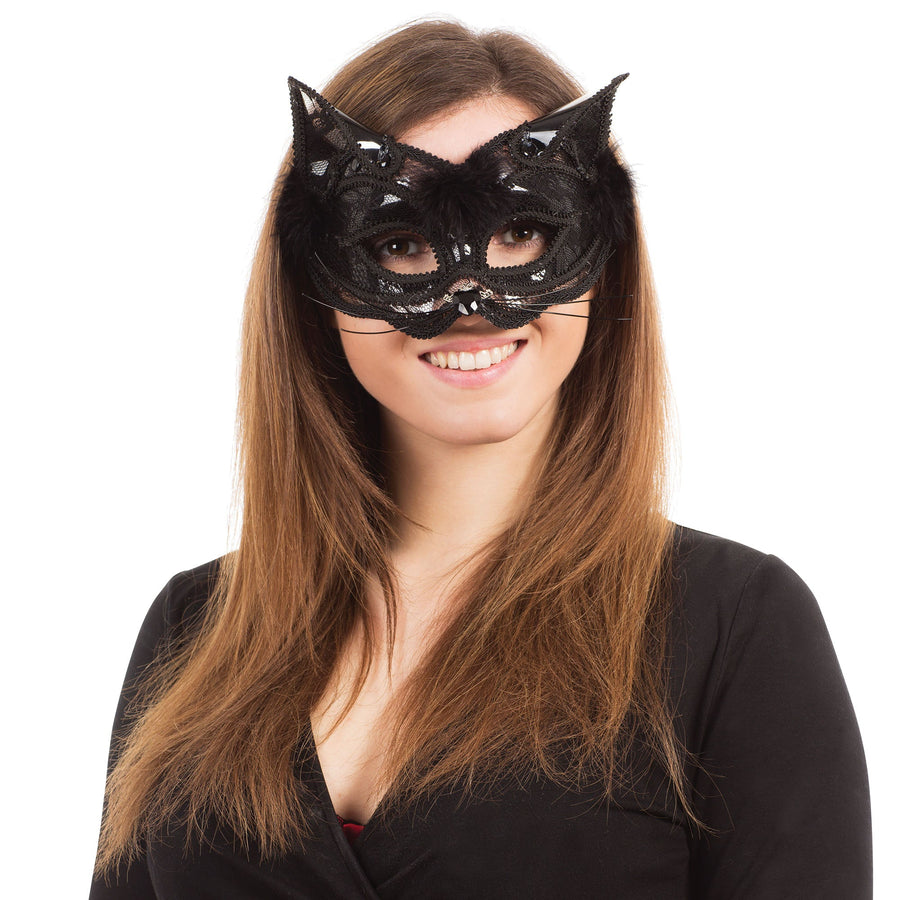 Cat + Black Marabou Feather Trim G F Eye Masks Unisex_1