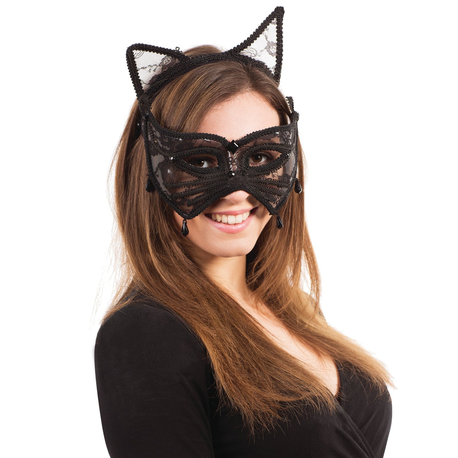 Cat Mask with Ears on Headband Gothic Black Lace 2