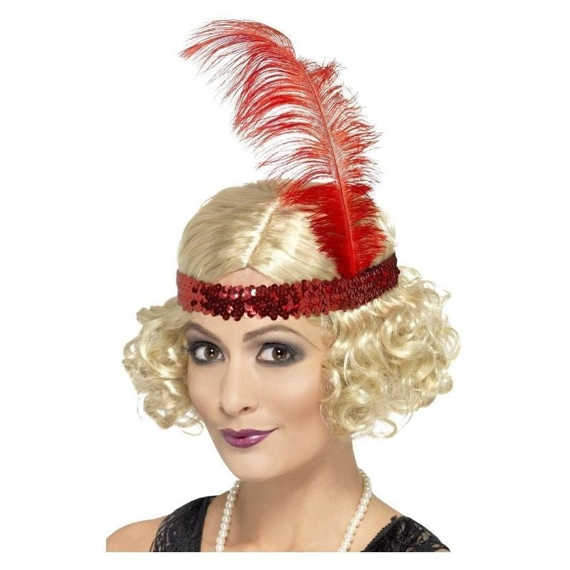 Blonde Charleston Wig Curly Hair with Red Feathered Sequin Headband 1