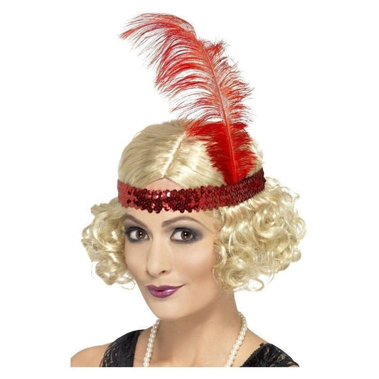 Blonde Charleston Wig Curly Hair with Red Feathered Sequin Headband 1