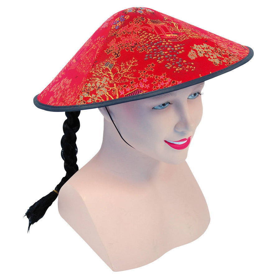 Chinese Coolie Red Fabric Hat with Pigtail Plait_1