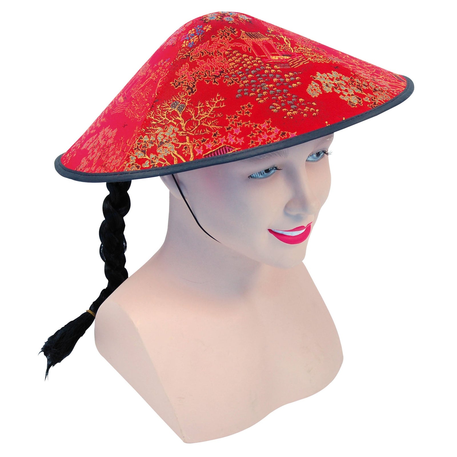 Chinese Coolie Red Fabric Hat with Pigtail Plait 1