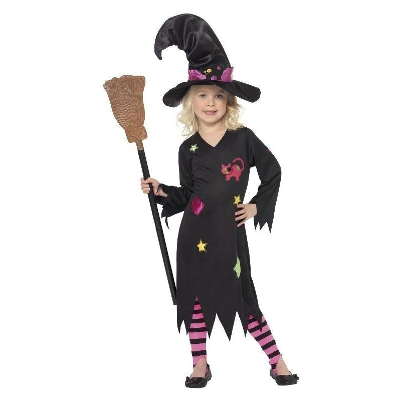 Cinder Witch Costume Kids Black Pink Dress Hat and Striped Tights 1