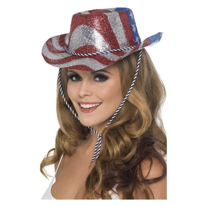 Cowboy Glitter Hat Stars and Stripes Adult Red Silver 2