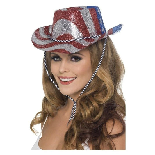 Cowboy Glitter Hat Stars and Stripes Adult Red Silver 2