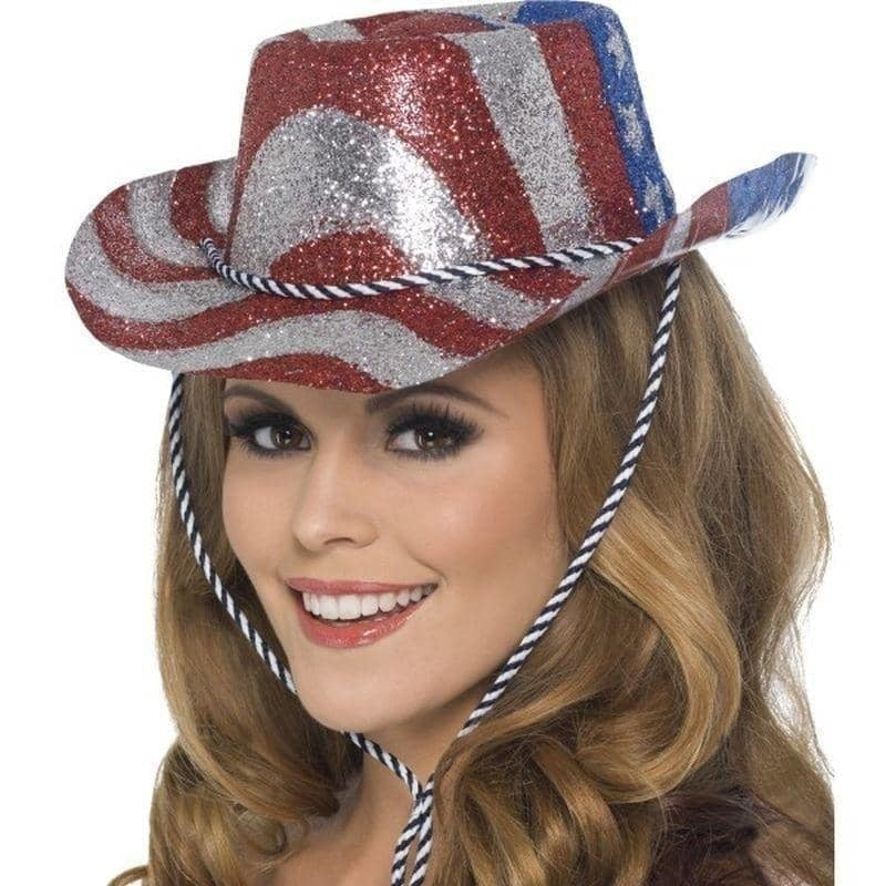 Cowboy Glitter Hat Stars and Stripes Adult Red Silver 1