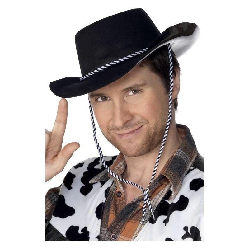 Cowboy Hat Flocked Plastic Adult Black Adjustable Neck Cord Costume Accessory 1