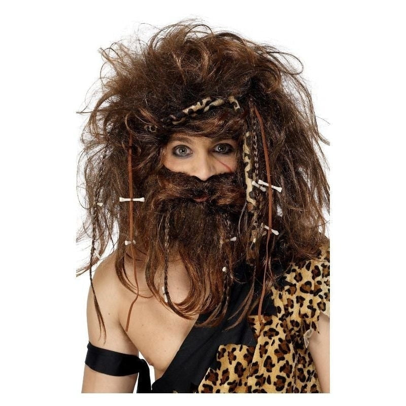 Crazy Caveman Set Adult Brown Wig Beard Headband Bones and Braids Instant Costume 1