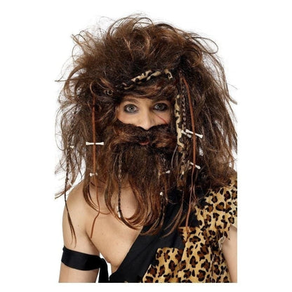 Crazy Caveman Set Adult Brown Wig Beard Headband Bones and Braids Instant Costume 1