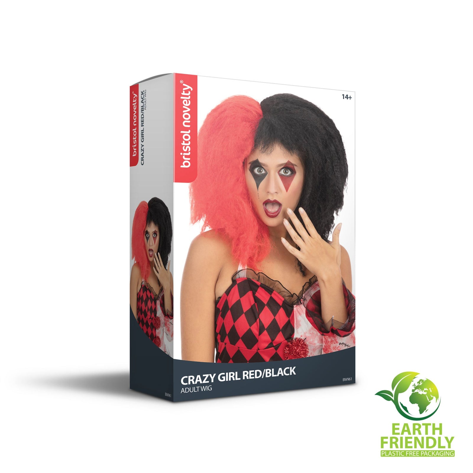 Crazy Girl Red Black Wig Halloween Harlequin Hair 2