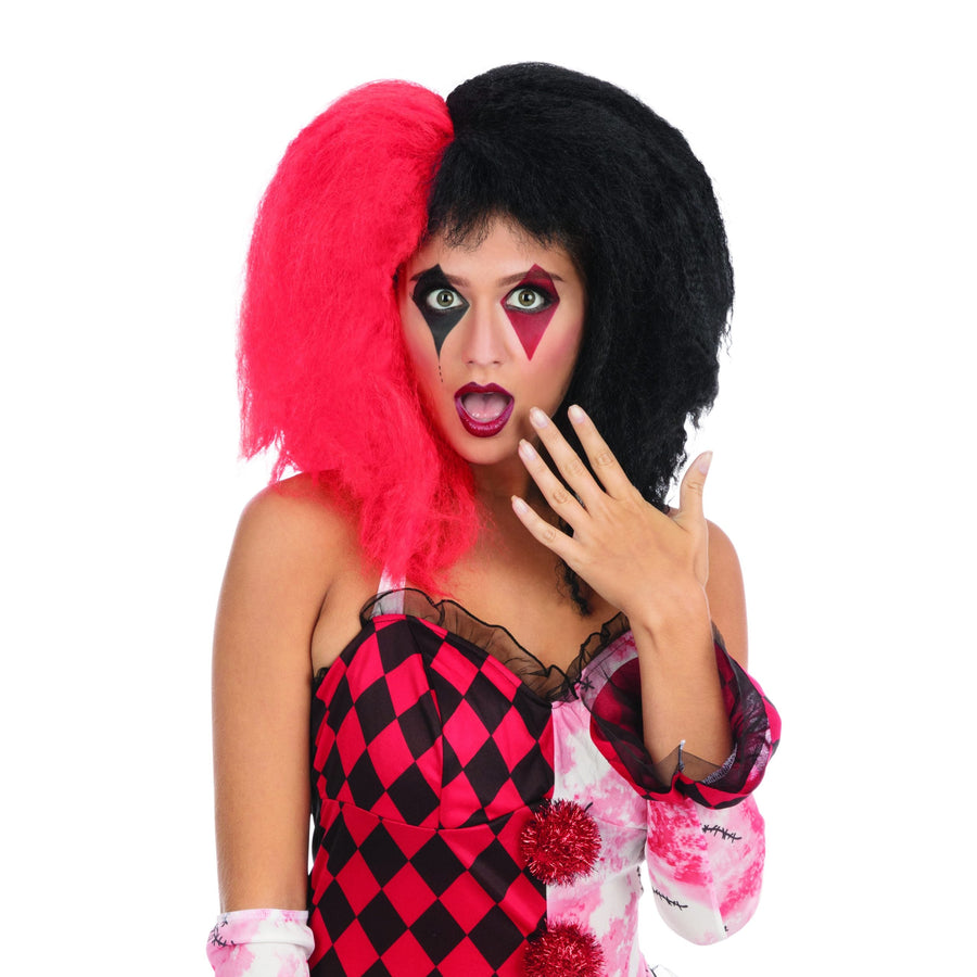 Crazy Girl Red Black Wig Halloween Harlequin Hair_1