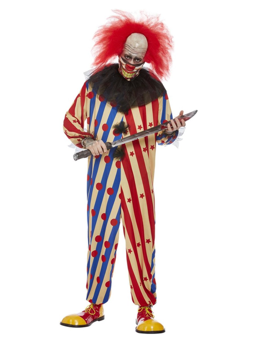 Creepy Clown Mens Circus Costume Jumpsuit Mask Neck Ruffle 2