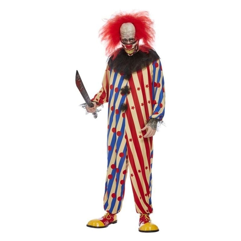 Creepy Clown Mens Circus Costume Jumpsuit Mask Neck Ruffle 1